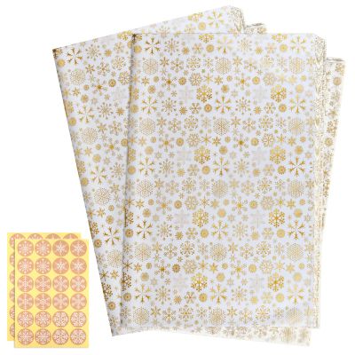 CHRORINE 90 Sheets Christmas Wrapping Paper Gold Snowflake Wrapping Tissue Paper Wrapping with Snowflake Stikers for DIY Craft, Christmas Party Winter Party Decorations14.96 inchx20 inch
