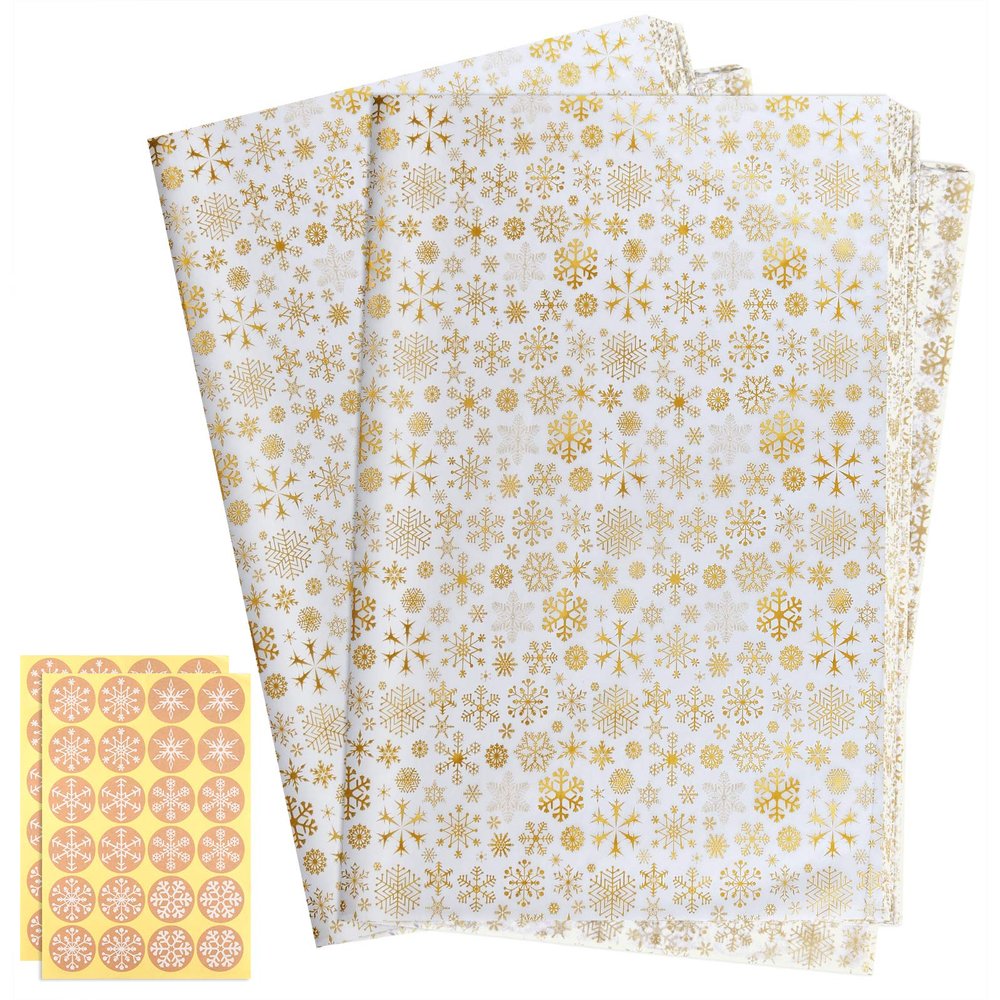 CHRORINE 90 Sheets Christmas Wrapping Paper Gold Snowflake Wrapping Tissue Paper Wrapping with Snowflake Stikers for DIY Craft, Christmas Party Winter Party Decorations14.96 inchx20 inch