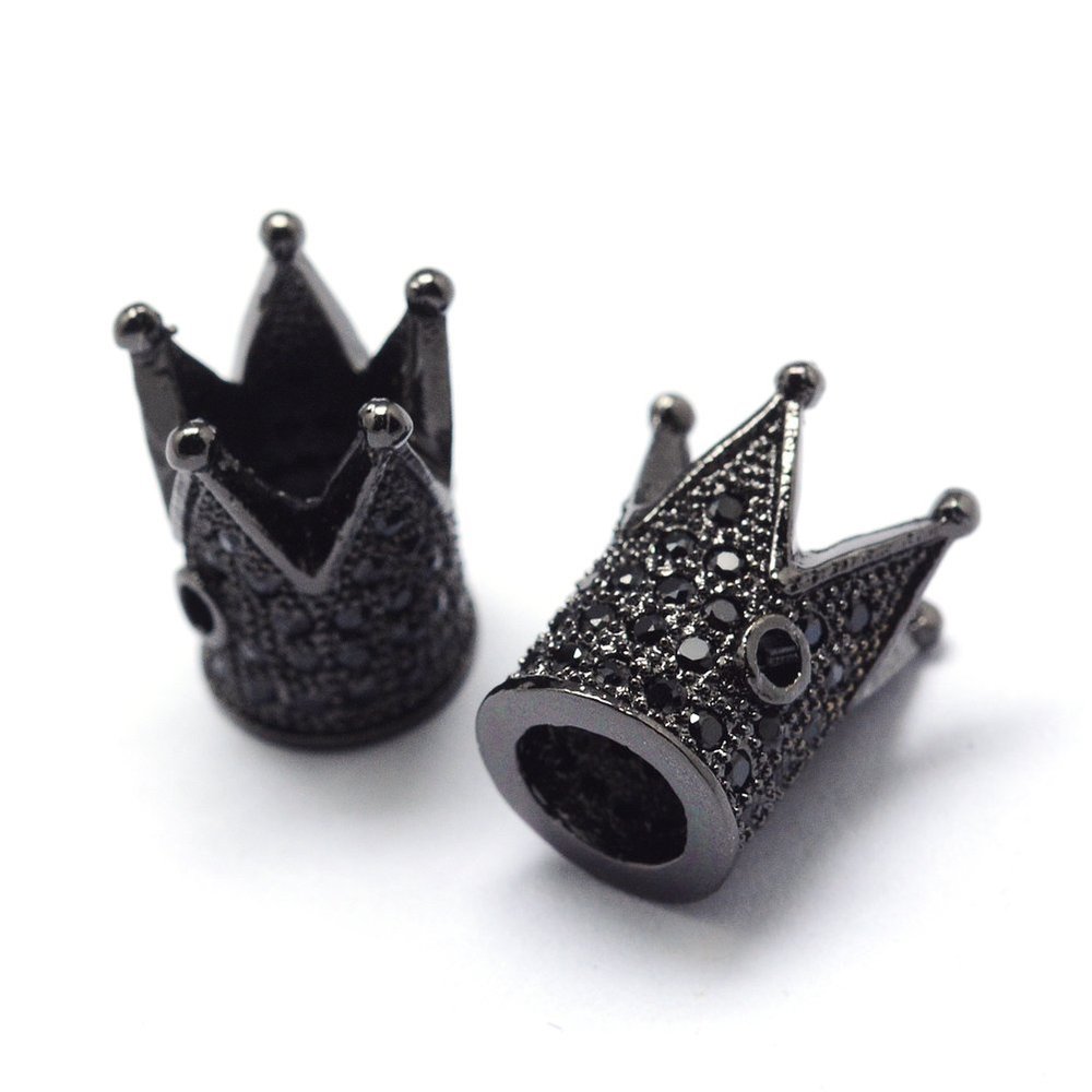 Fashewelry 10Pcs Cubic Zirconia King Crown Spacer Beads Black Solid Metal Loose Beads with CZ Black Micro Pave Setting Stones 12x10mm for Jewelry Making Hole: 1.5mm