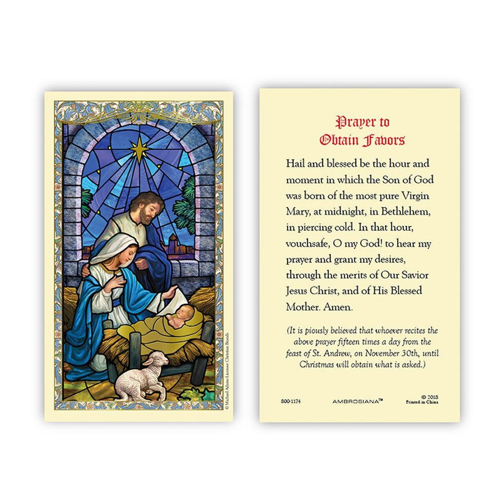 Christian Brands Catholic Holy Cards - Laminated Inspirational Prayer Card with Gold Foil Embossing, 25-Count, Nativity Prayer to Obtain Favors