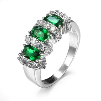 925 Sterling Silver Fashion Natural Emerald Sapphire Ring Oval Perfect Cut 3-Stone Rainbow Cubic Zirconia Rings CZ Classical Eternity Engagement Wedding Band Ring for Women (Emerald, US Code 10)