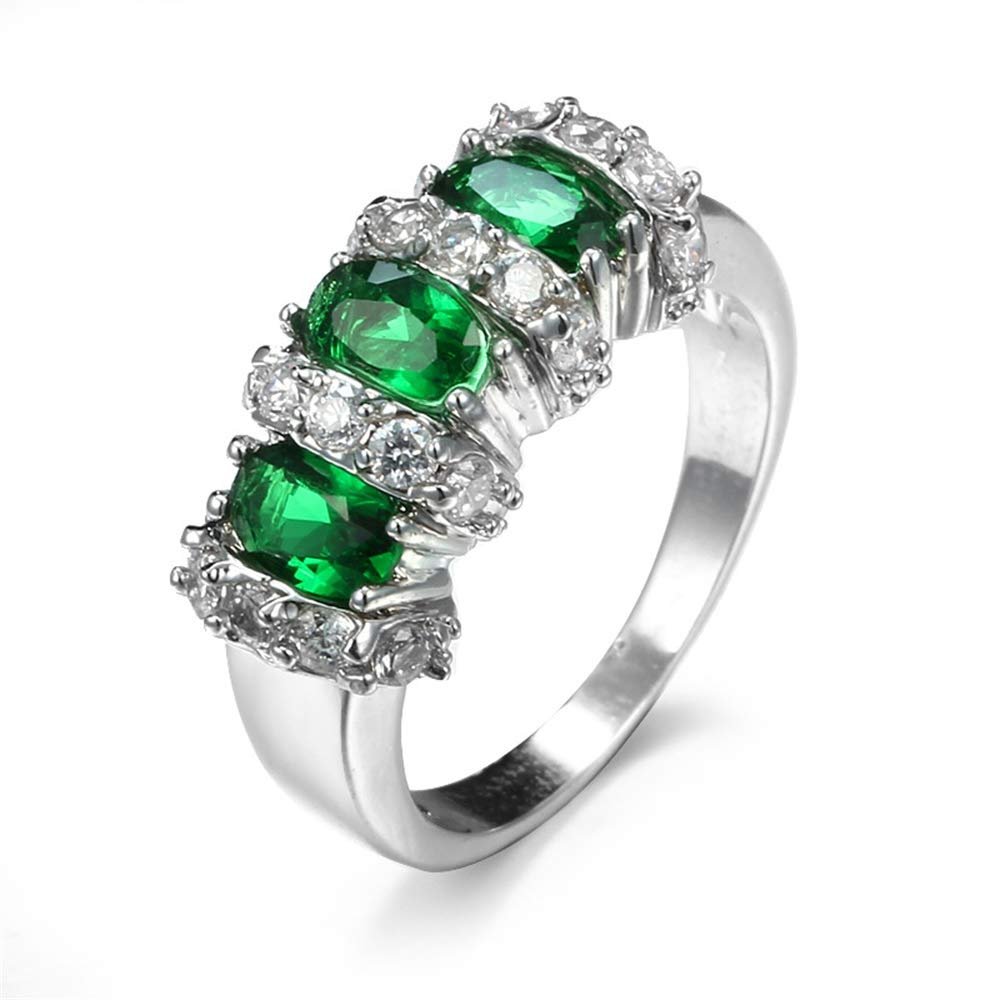 925 Sterling Silver Fashion Natural Emerald Sapphire Ring Oval Perfect Cut 3-Stone Rainbow Cubic Zirconia Rings CZ Classical Eternity Engagement Wedding Band Ring for Women (Emerald, US Code 10)