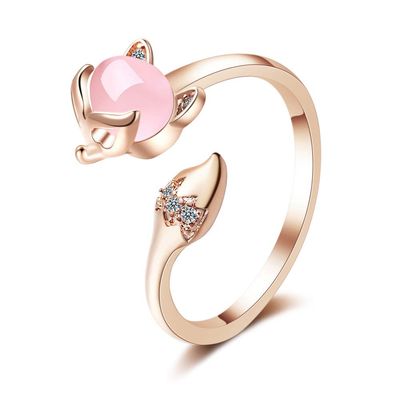 SixTwo Rose Gold & White Gold Plated Women Fox Tail Open Rings Fine Jewelry Inlaid Pink Cubic Zirconia Gift Created Pink Opal & White Cubic Zirconia Accents Engagement Wedding Ring Bands (Rose Gold)