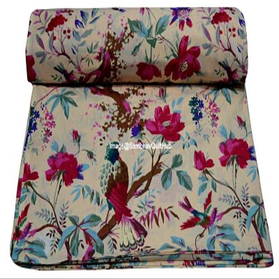 Sambhav Quilt Hub Voile Handblock Fabric for Floral Bird Cotton Sewing,Crafting, Dressmaking, Running Natural Dye Sanganeri Indian Floral Print Fabric by The Yard Width 44 Inches (Beige, 15 Yard)