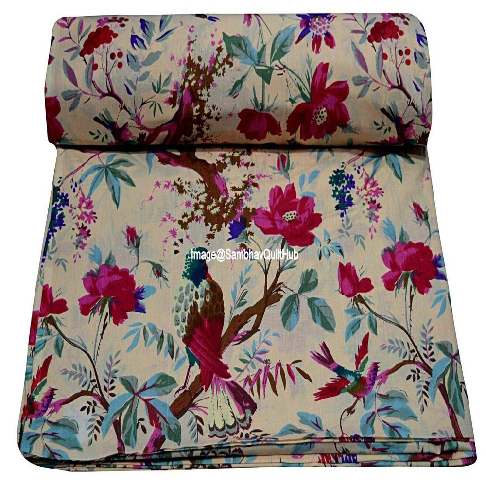 Sambhav Quilt Hub Voile Handblock Fabric for Floral Bird Cotton Sewing,Crafting, Dressmaking, Running Natural Dye Sanganeri Indian Floral Print Fabric by The Yard Width 44 Inches (Beige, 15 Yard)