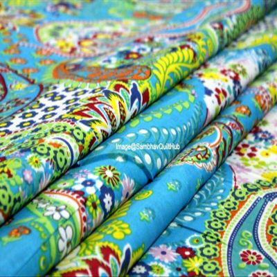 Voile Handblock Fabric for Floral Paisely Cotton Sewing,Crafting, Dressmaking, Running Natural Dye Sanganeri Indian Floral Print Fabric by The Yard Width 44 Inches (Turquoise, 10 Yard)