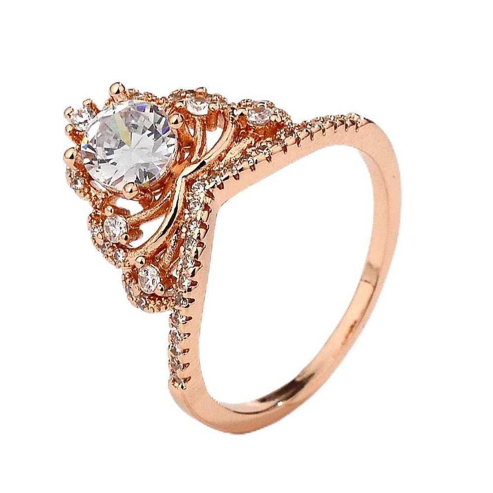 SixTwo Fashion Rose Gold Ring Pad Round Cut 5A Zircon CZ Charm Shiny Stacking Ring OL Personality Crown Pave Halo Wedding Promise Anniversary Bridal Band Engagement Ring for Women (8)