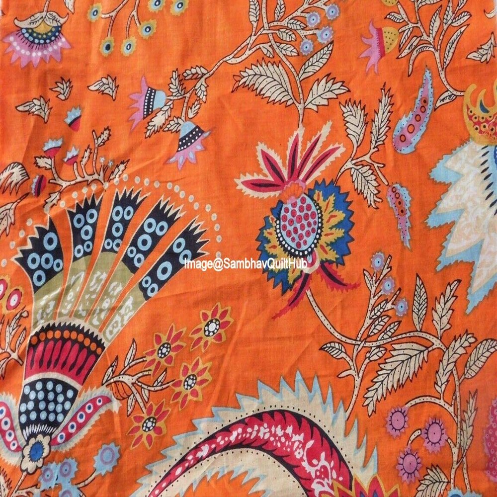 Voile Handblock Fabric for Floral Crown Mukut Print Cotton Sewing,Crafting, Dressmaking, Running Natural Dye Sanganeri Indian Floral Print Fabric by The Yard Width 44 Inches (Orange, 3 Yard)