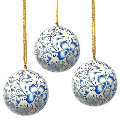 Global Crafts Paper Mache Ornaments - Blue Christmas Floral, Set of 3, Made in India