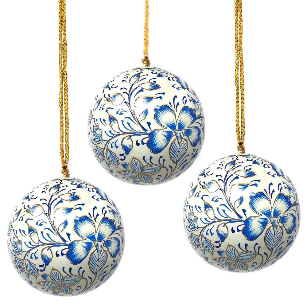 Global Crafts Paper Mache Ornaments - Blue Christmas Floral, Set of 3, Made in India
