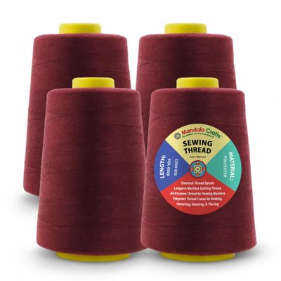 Mandala Crafts 4 Pack of Serger Threads Cones Spools - 20S/2 24000 Yards Polyester Maroon Threads for Sergers Machine and Overlock Quilting Sewing Machine