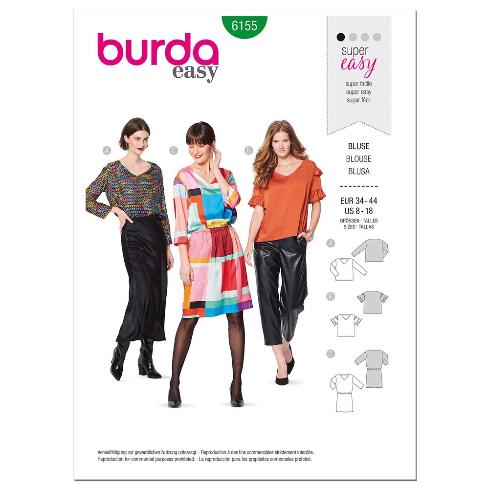 Burda Style Easy Misses' V-Neck Blouse and Dress, Code 6155 Sewing Pattern Kit, Sizes 8-18, Multicolor