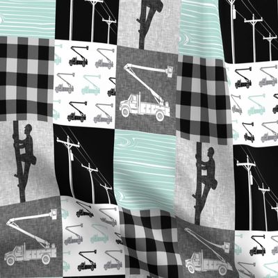 Spoonflower Fabric - Lineman Patchwork Dark Mint Plaid Bucket Truck Little Arrow Power Kids Printed on Organic Cotton Sateen Fabric Fat Quarter - Sewing Quilting Apparel Home Decor