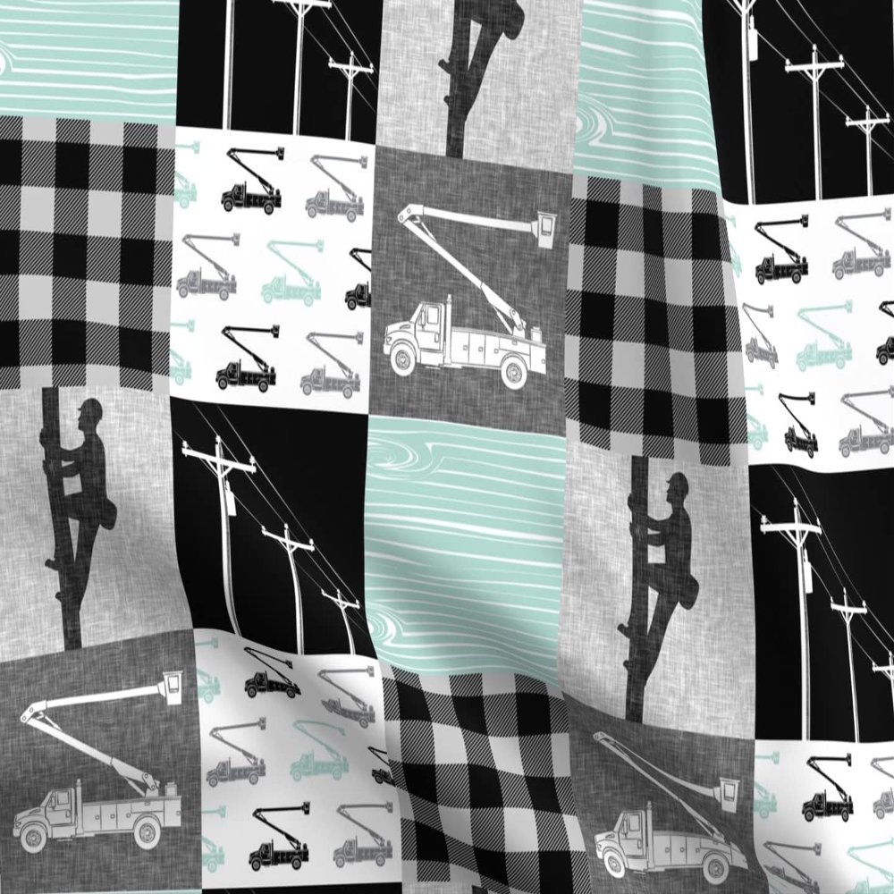 Spoonflower Fabric - Lineman Patchwork Dark Mint Plaid Bucket Truck Little Arrow Power Kids Printed on Organic Cotton Sateen Fabric Fat Quarter - Sewing Quilting Apparel Home Decor