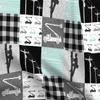 Spoonflower Fabric - Lineman Patchwork Dark Mint Plaid Bucket Truck Little Arrow Power Kids Printed on Organic Cotton Sateen Fabric Fat Quarter - Sewing Quilting Apparel Home Decor view 1
