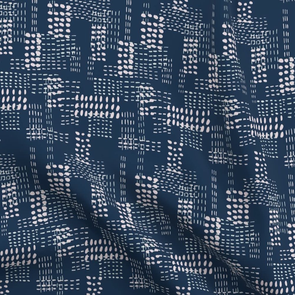 Spoonflower Fabric - Faux Sashiko Indigo Blue Japanese Inspired Geometric Stitching Linear Printed on Organic Cotton Sateen Fabric Fat Quarter - Sewing Quilting Apparel Home Decor