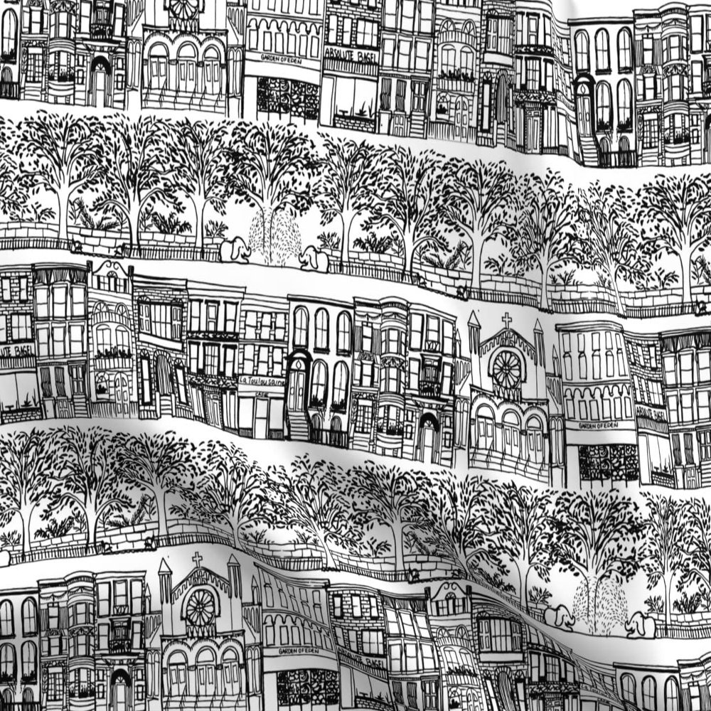 Spoonflower Fabric - West New York City Black White Line Drawing Sketch Trees Printed on Organic Cotton Sateen Fabric Fat Quarter - Sewing Quilting Apparel Home Decor