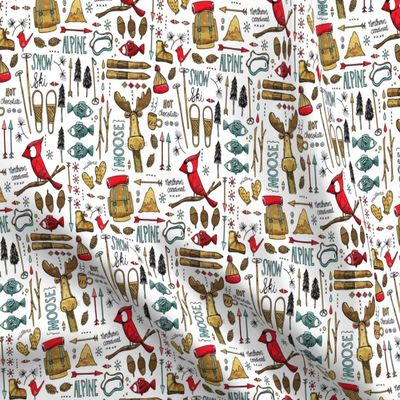 Spoonflower Fabric - Winter Adventure White Bird Moose Fish Alpine Ski Tree Mountains Printed on Organic Cotton Sateen Fabric Fat Quarter - Sewing Quilting Apparel Home Decor