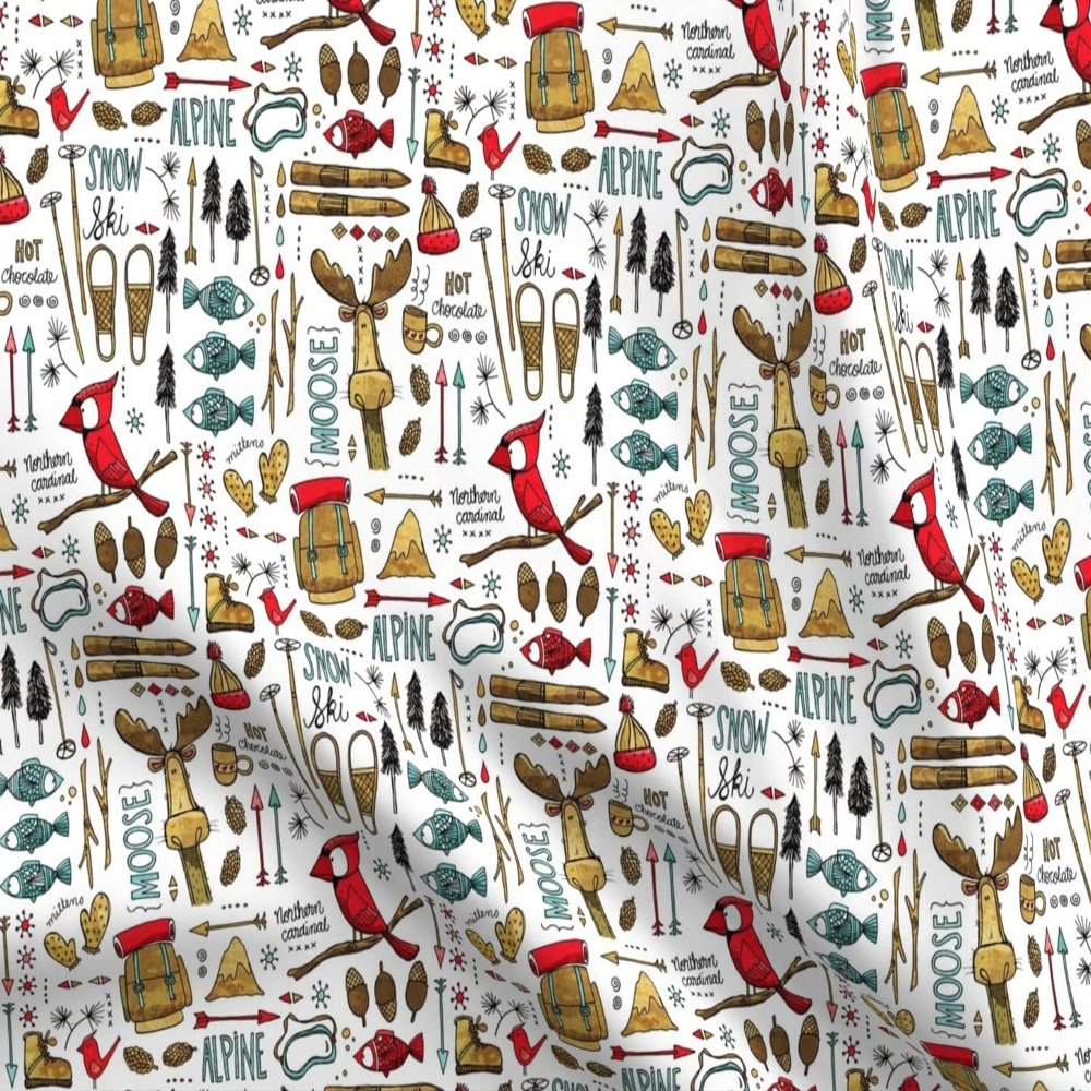 Spoonflower Fabric - Winter Adventure White Bird Moose Fish Alpine Ski Tree Mountains Printed on Organic Cotton Sateen Fabric Fat Quarter - Sewing Quilting Apparel Home Decor