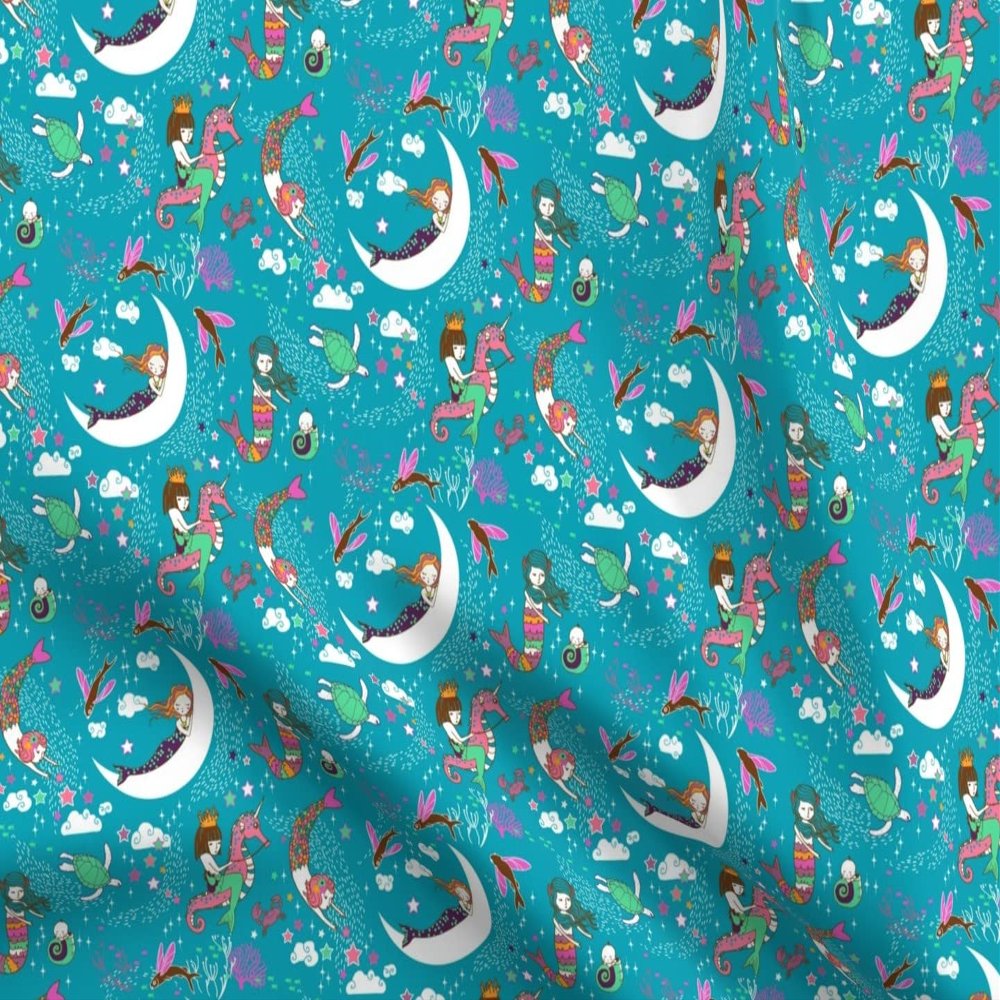 Fabric Mermaid Lullaby Teal Small Ocean Girl Moon Seahorse Printed on Organic Cotton Sateen Fabric Fat Quarter - Sewing Quilting Apparel Home Decor