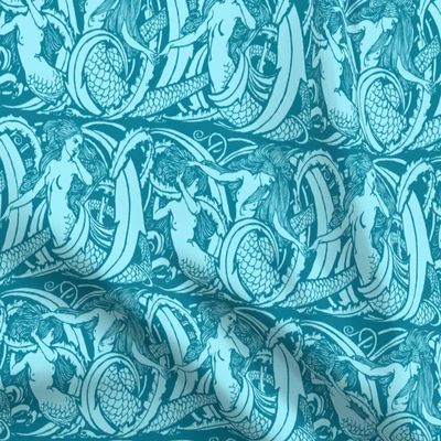 Spoonflower Fabric - Mermaids Large Mermaid Illustration Aqua Printed on Organic Cotton Sateen Fabric Fat Quarter - Sewing Quilting Apparel Home Decor