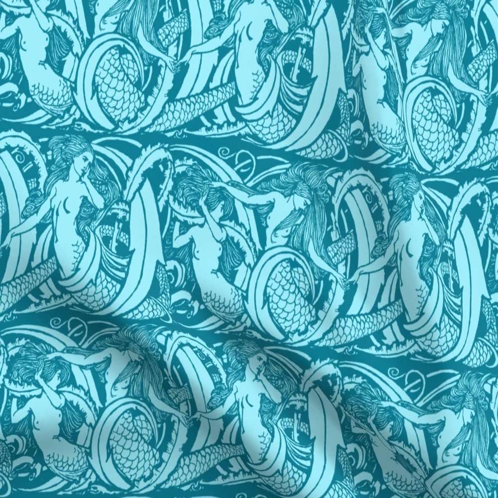Spoonflower Fabric - Mermaids Large Mermaid Illustration Aqua Printed on Organic Cotton Sateen Fabric Fat Quarter - Sewing Quilting Apparel Home Decor