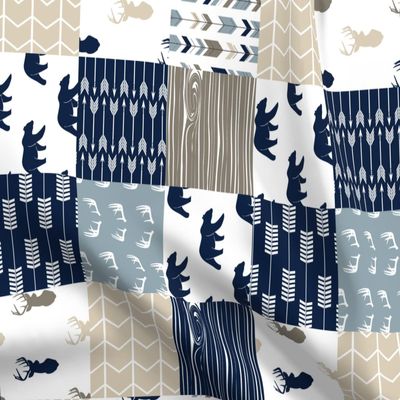 Spoonflower Fabric - Rustic Woods Patchwork Woodland Cheater Quilt Navy Bears Bear Deer Printed on Organic Cotton Sateen Fabric Fat Quarter - Sewing Quilting Apparel Home Decor