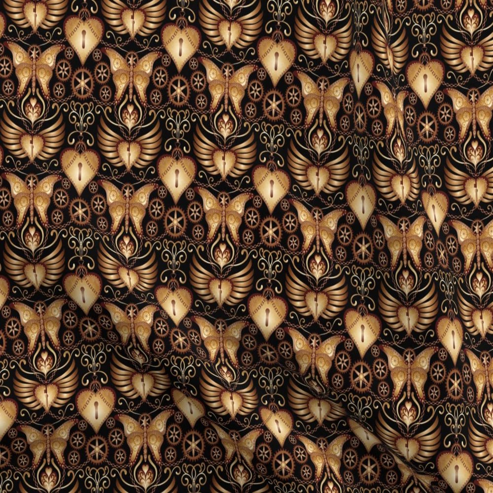 Spoonflower Fabric - Steampunk Heart Hearts Butterfly Gears Valentine Printed on Organic Cotton Sateen Fabric Fat Quarter - Sewing Quilting Apparel Home Decor