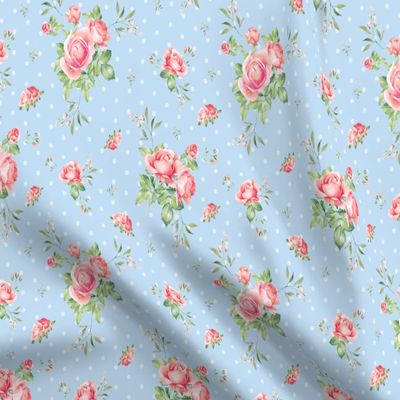 Spoonflower Fabric - Blue Polka Dots Floral Spring Bunnies Rose Roses Flowers Shabby Chic Printed on Organic Cotton Sateen Fabric Fat Quarter - Sewing Quilting Apparel Home Decor