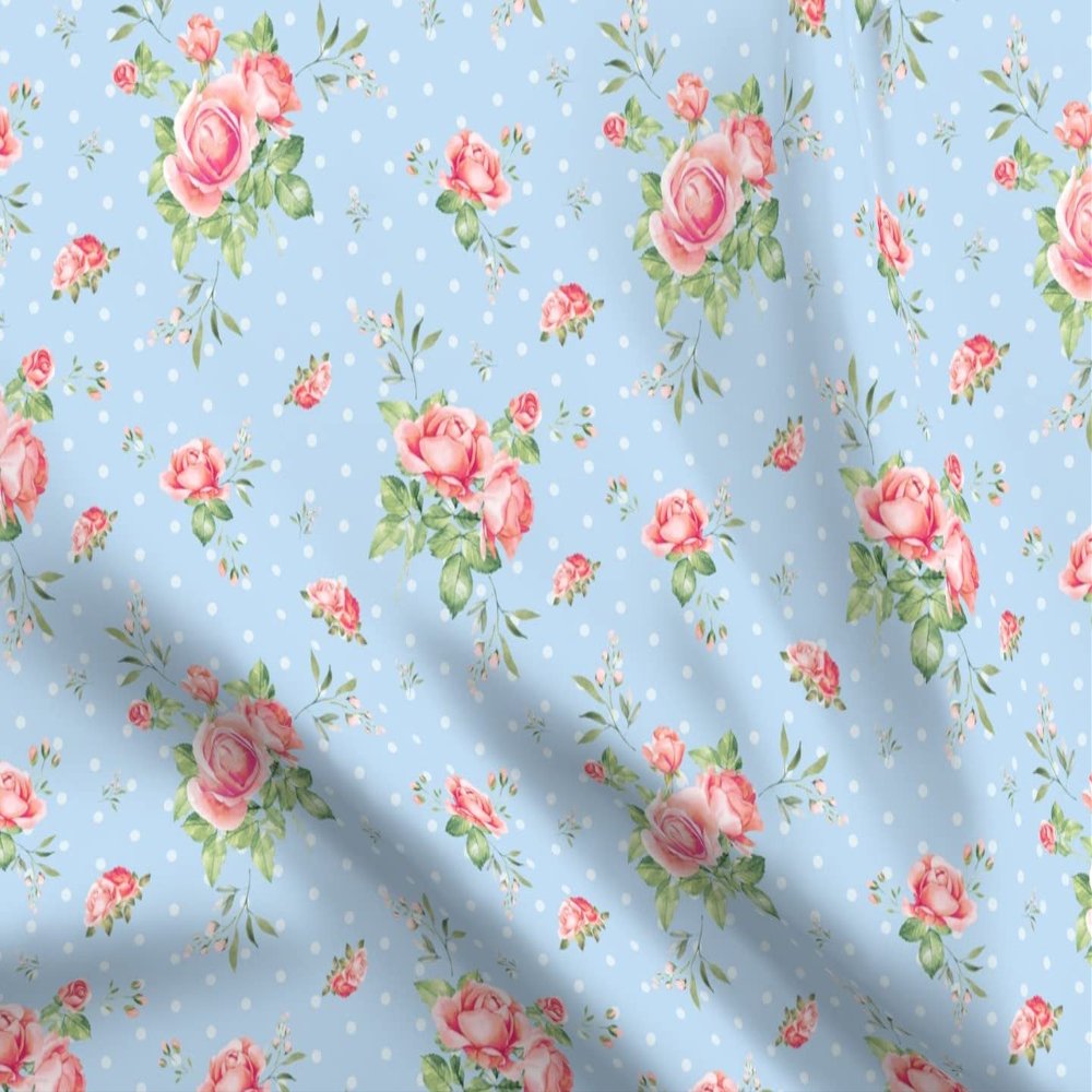 Spoonflower Fabric - Blue Polka Dots Floral Spring Bunnies Rose Roses Flowers Shabby Chic Printed on Organic Cotton Sateen Fabric Fat Quarter - Sewing Quilting Apparel Home Decor