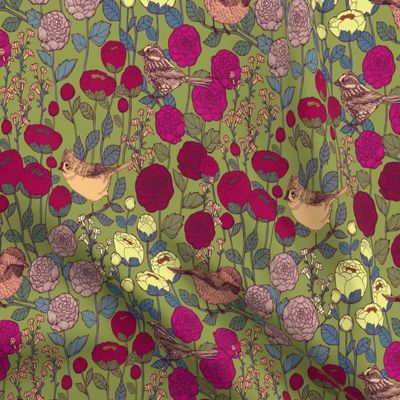 Spoonflower Fabric - Winter Garden Flowers Floral Roses Peonies Birds Nature Printed on Organic Cotton Sateen Fabric Fat Quarter - Sewing Quilting Apparel Home Decor