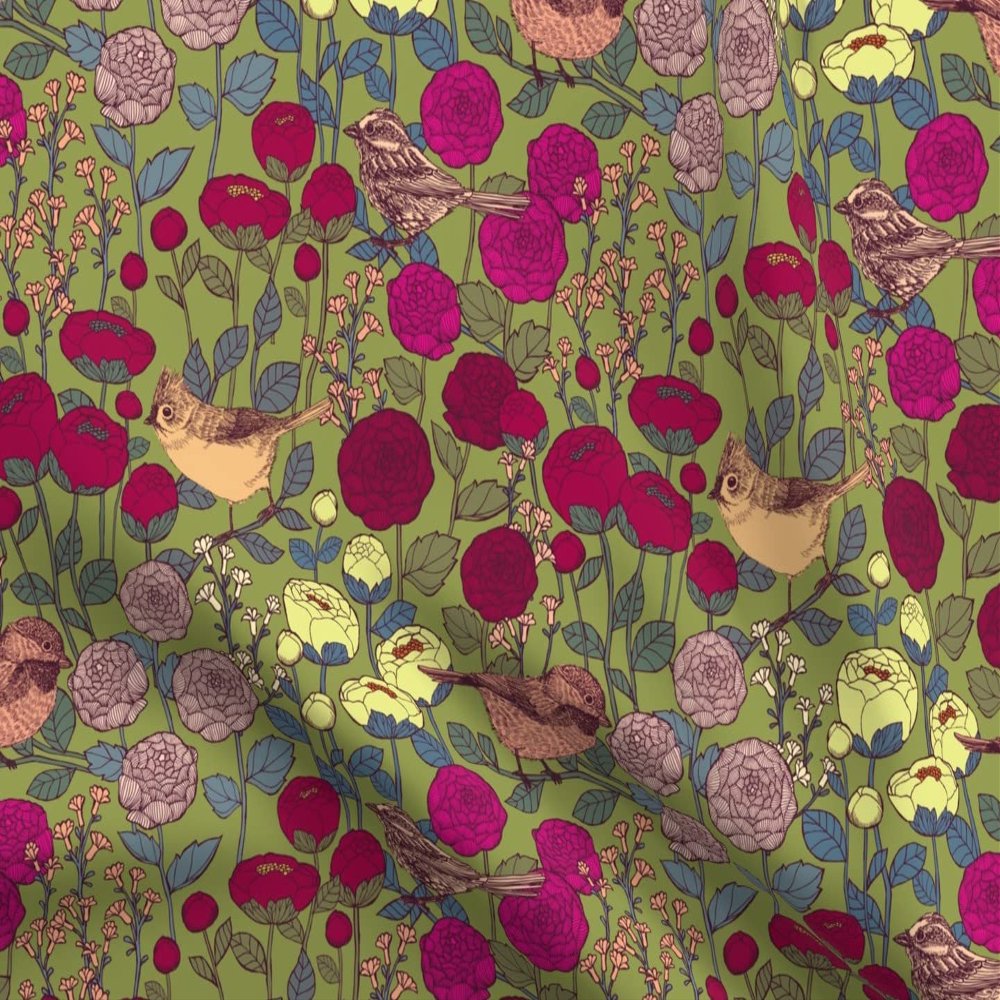 Spoonflower Fabric - Winter Garden Flowers Floral Roses Peonies Birds Nature Printed on Organic Cotton Sateen Fabric Fat Quarter - Sewing Quilting Apparel Home Decor