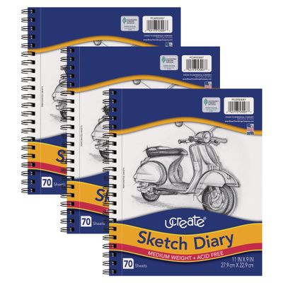 UCREATE Sketch Diary, Medium Weight, 11" x 9", 70 Sheets, Pack of 3