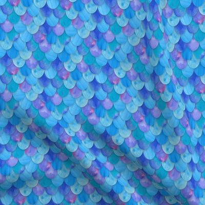 Fabric Blue Mermaid Scales Scale Pattern Fish Watercolor Summer Beach Printed on Satin Fabric Fat Quarter - Sewing Lining Apparel Fashion Blankets Decor