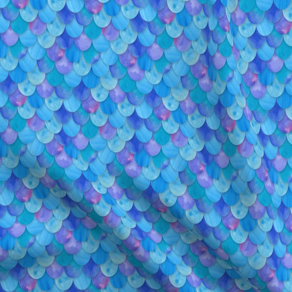 Fabric Blue Mermaid Scales Scale Pattern Fish Watercolor Summer Beach Printed on Satin Fabric Fat Quarter - Sewing Lining Apparel Fashion Blankets Decor