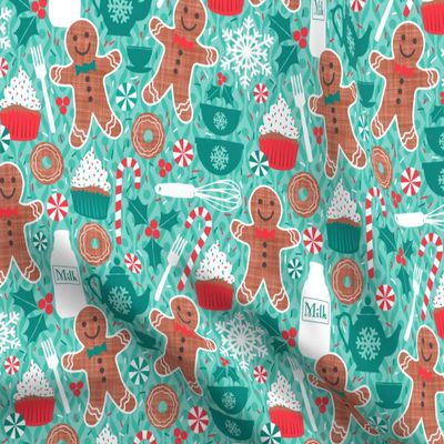 Spoonflower Fabric - Gingerbread Christmas Treats Cookie Cupcake Candy Sweets Aqua Baking Printed on Minky Fabric Fat Quarter - Sewing Baby Blankets Quilt Backing Plush