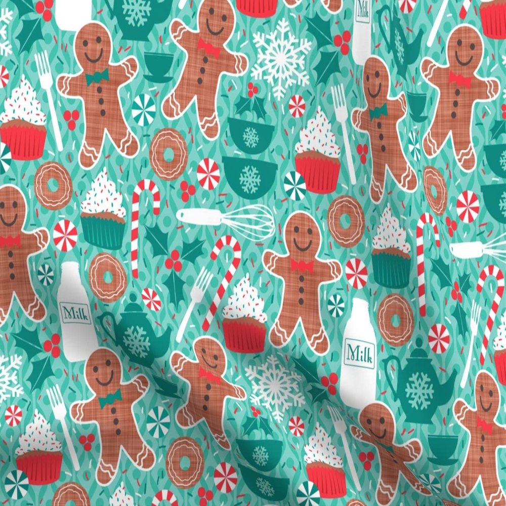 Spoonflower Fabric - Gingerbread Christmas Treats Cookie Cupcake Candy Sweets Aqua Baking Printed on Minky Fabric Fat Quarter - Sewing Baby Blankets Quilt Backing Plush