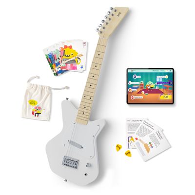 Loog Pro VI Electric kids real guitar for Beginners Ages 9+ Learning app & lessons included (White)