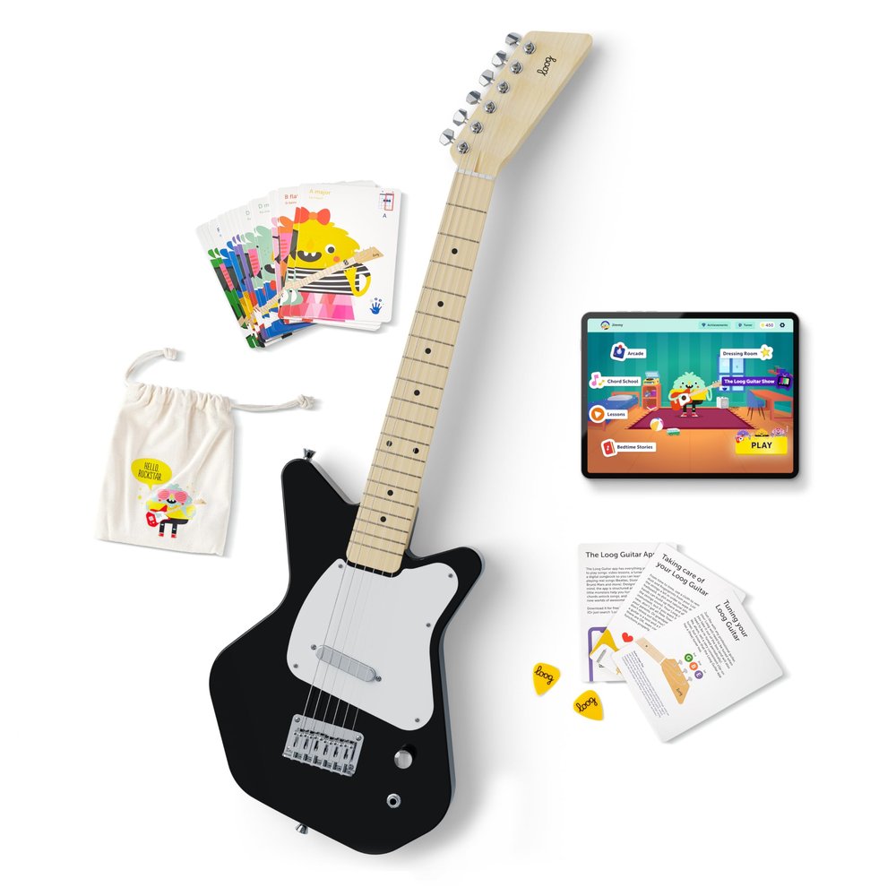 Loog Pro VI Electric kids real guitar for Beginners Ages 9+ Learning app & lessons included (Black)