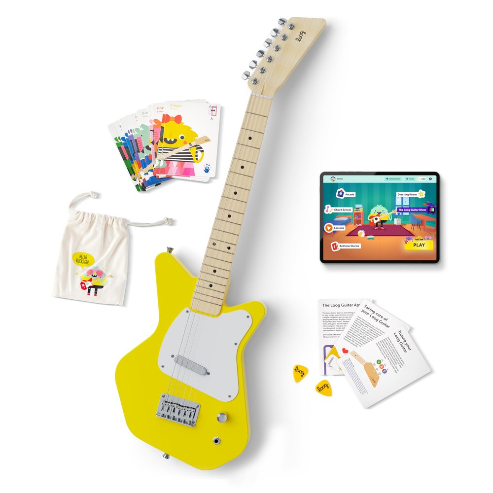 Loog Pro VI Electric kids real guitar for Beginners Ages 9+ Learning app & lessons included (Yellow)