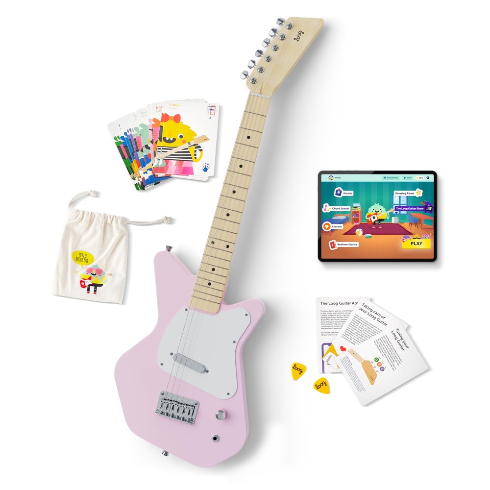 Loog Pro VI Electric kids real guitar for Beginners Ages 9+ Learning app & lessons included (Pink)