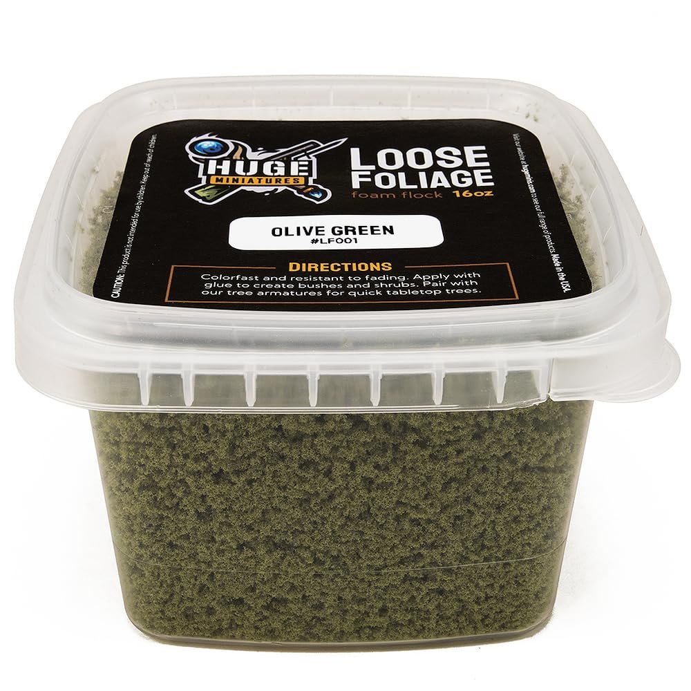 Huge Miniatures Loose Foliage, Olive Green Tree Flock for Terrain Model Kits and Hobby Train Scenery by Huge Minis 16oz Resealable Tub