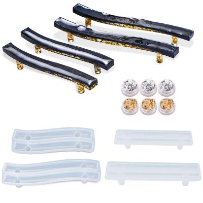 Ovelur Tray Handle Coaster Resin Molds, 4 Pcs Epoxy Resin Coaster Molds for Resin Casting with 6 Pcs Gold Foil Glitter, Silicone Brushes for Tray Dishes Storage DIY Artcraft Project Gift Making
