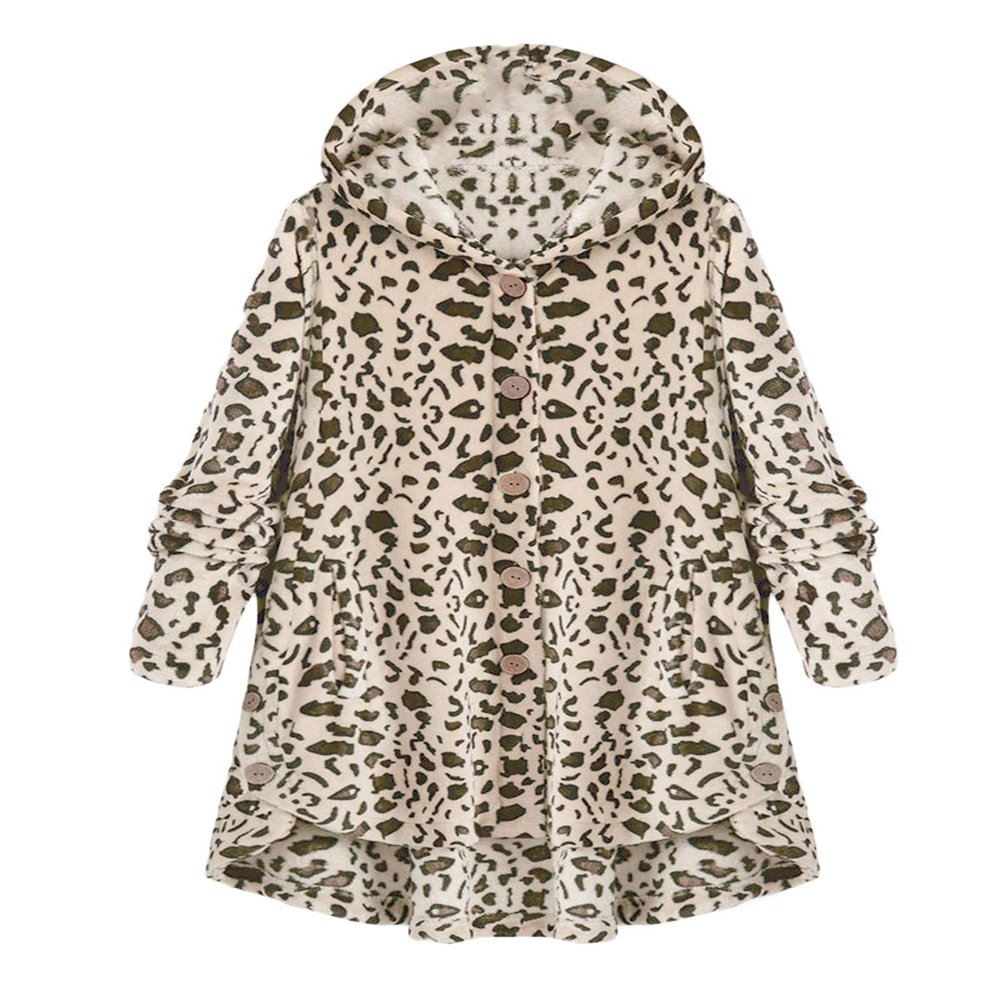 Andongnywell Ladies Button Plush Tops Hooded Loose Cardigan Women's Jacket Solid Color Pullover Tunic Tops (Leopard 1,5X-Large)