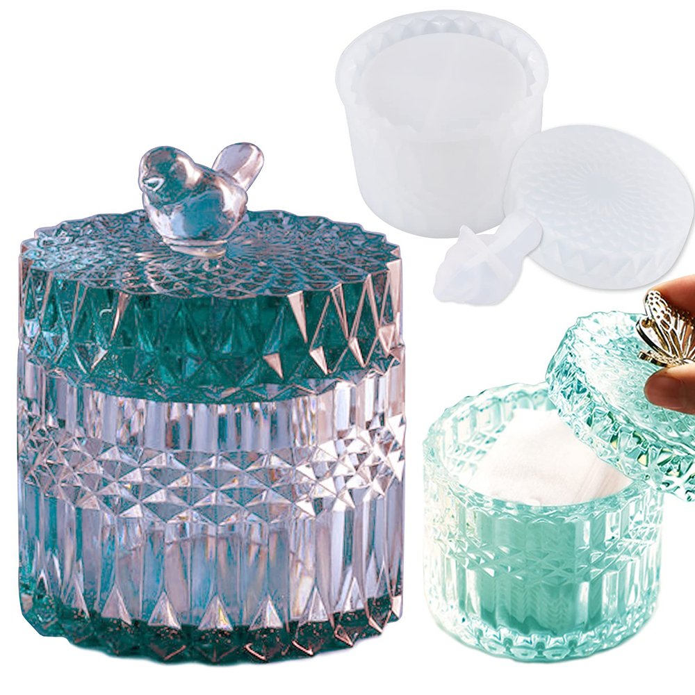 Silicone Crystal Box Resin Mold with Lid and Bird Handle Shape Mold for Epoxy Resin Jewelry Storage Bottle Jar Trinket Containers Candle Holder DIY Crafts Supplies Resin Kit Home Decor Gift
