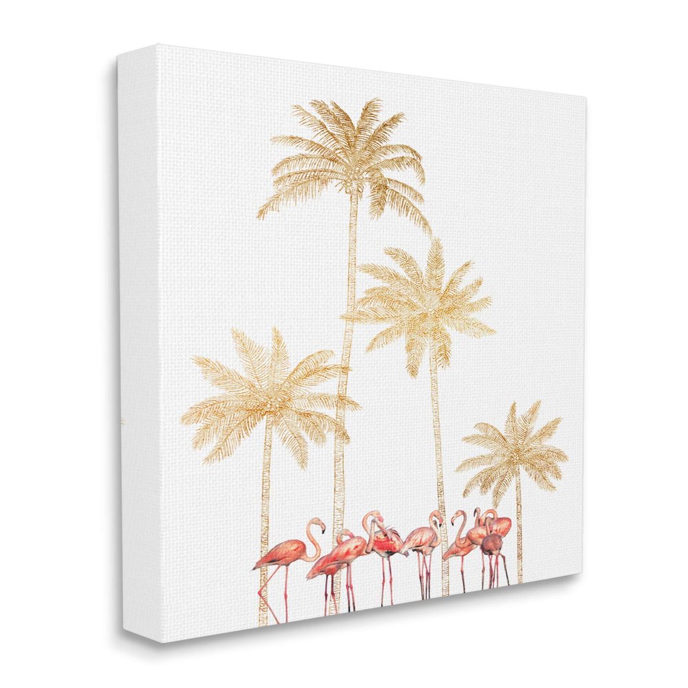 Stupell Industries Pink Flamingos Tropical Gold Outline Palm Trees, Design by Ziwei Li Canvas Wall Art, 30 x 40, White