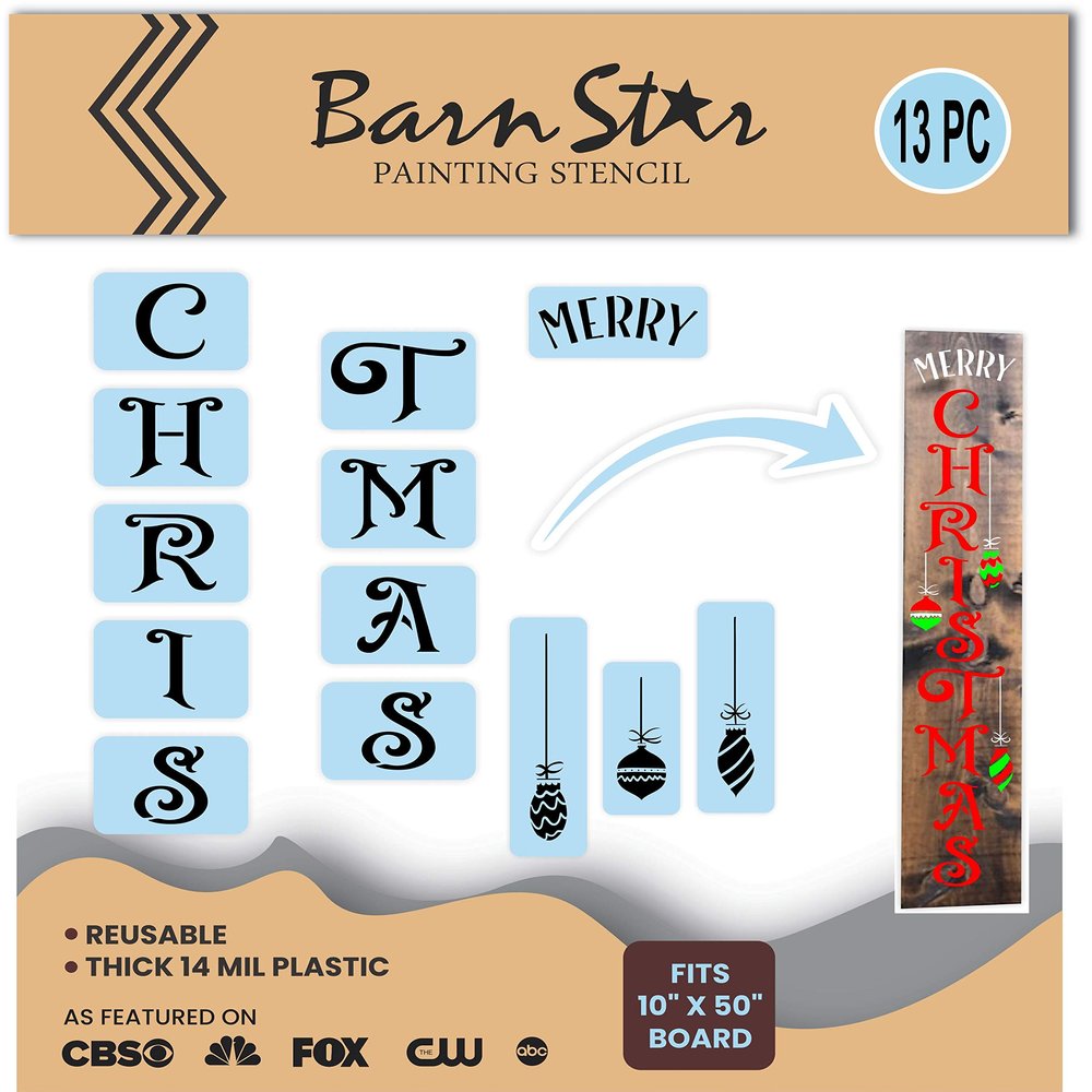 Barn Star Merry Christmas Stencil Kit for Porch Sign, Reusable, Farmhouse Sign Art for Painting Wood, Windows, or Craft Projects, Decorative, DIY