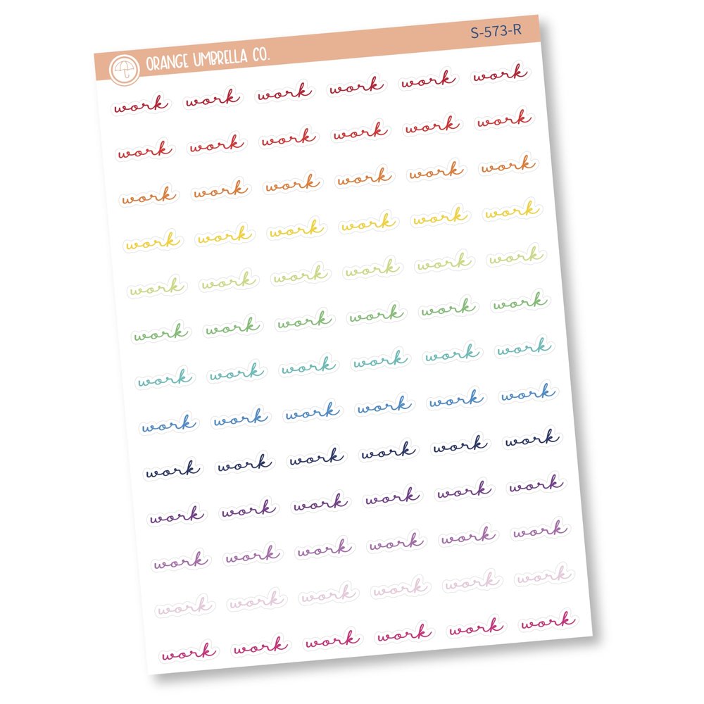 Work Planner Stickers, Script "Work" Labels, Rainbow Color Print Planning Stickers, F5 (S-573-R)