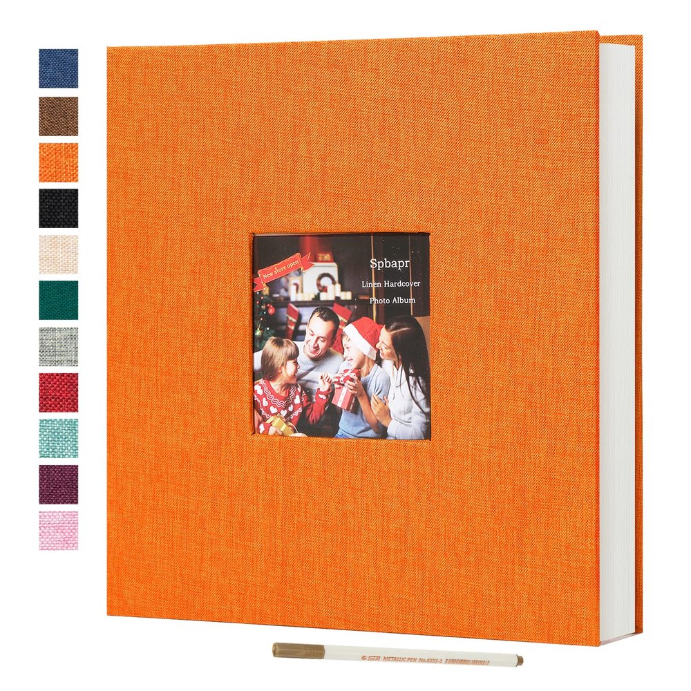 Spbapr Large Photo Album Self Adhesive 3x5 4x6 5x7 8x10 Pictures Magnetic Scrapbook 40 Blank Pages Linen Cover DIY Album with A Metal Pen Orange