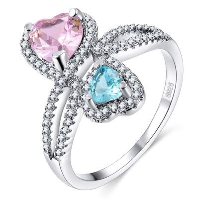 SixTwo 925 Sterling Silver Personalized Infinity Rings Double Heart Rings Simulated Birthstones Custom Engagement Promise Rings for Women (8)